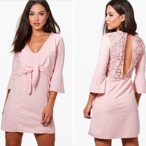 🌸 NWT Boohoo Pink Laura Tie Front Lace Dress